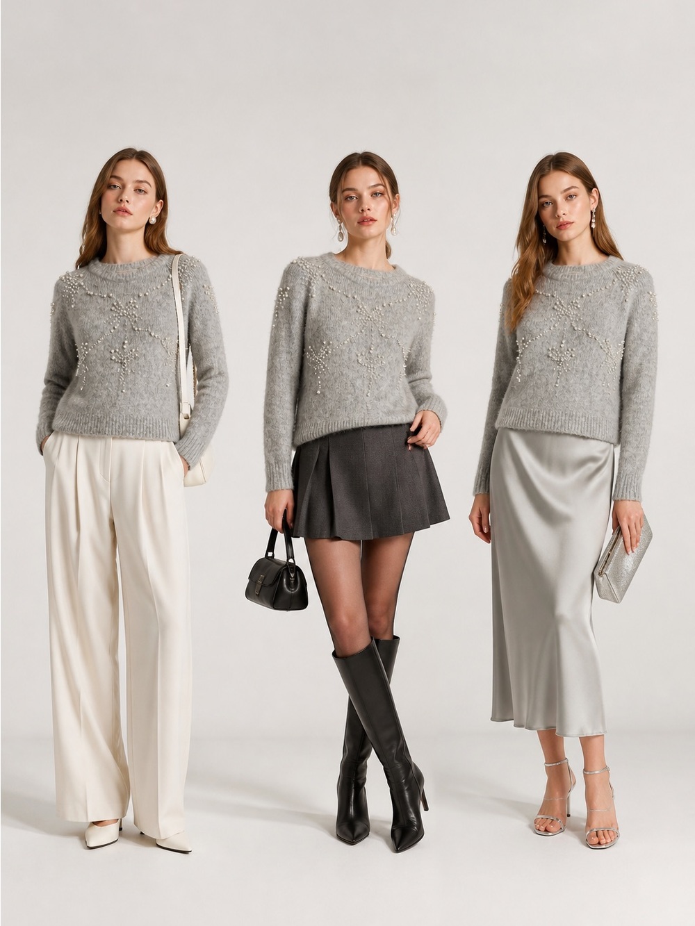 Zara  Embellished Faux Beaded Pearl Womem's S Crewneck Sweater Croped Sweater